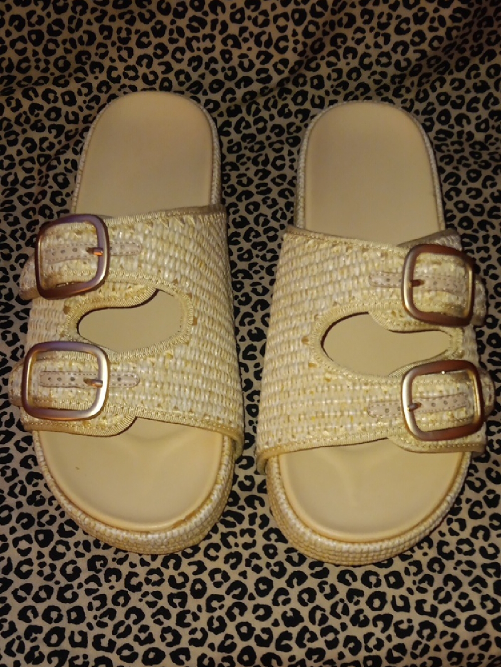 Women’s Straw Double-Buckle Slide Sandals in Natural